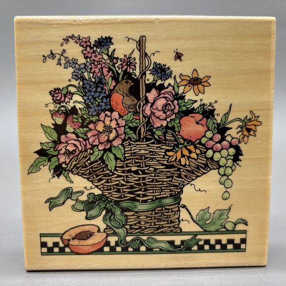 Sandi Gore Evans Wood Rubber Stamp Peach Basket Flowers Bird Fruit 1997 Uptown - Picture 1 of 7